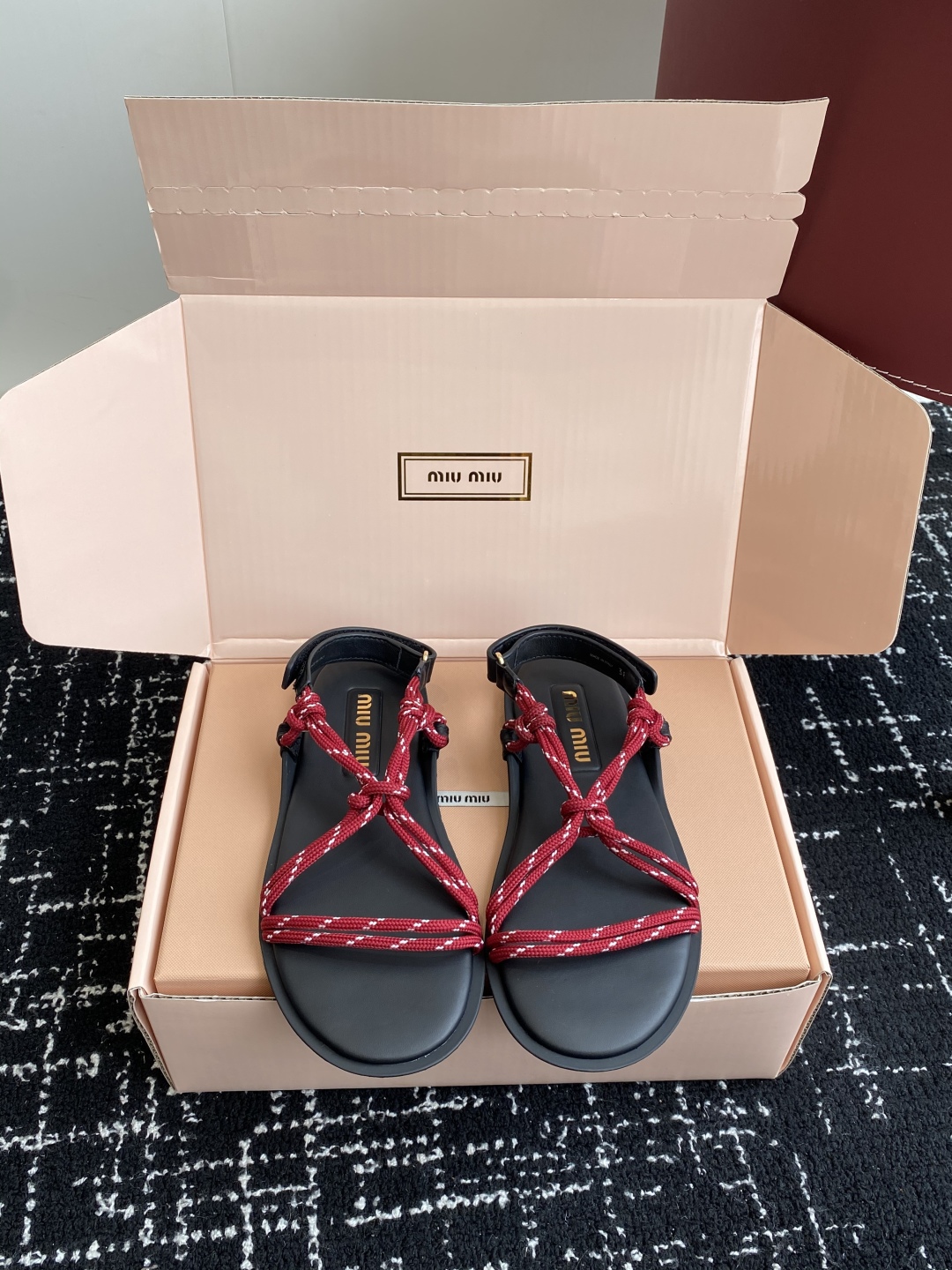 Bagsaaa Miu Miu Riviere cord and leather sandals Red