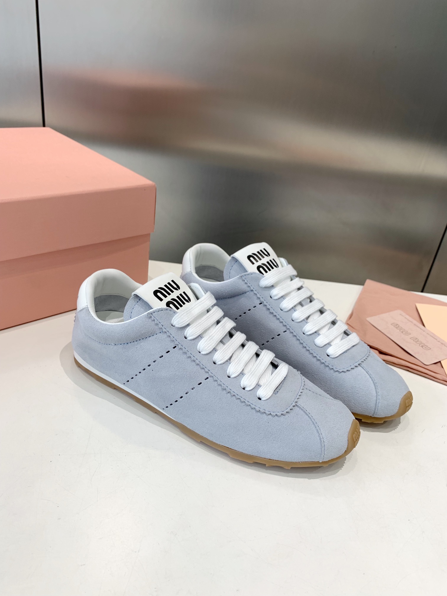 Bagsaaa Miu Miu Plume suede sneakers light blue