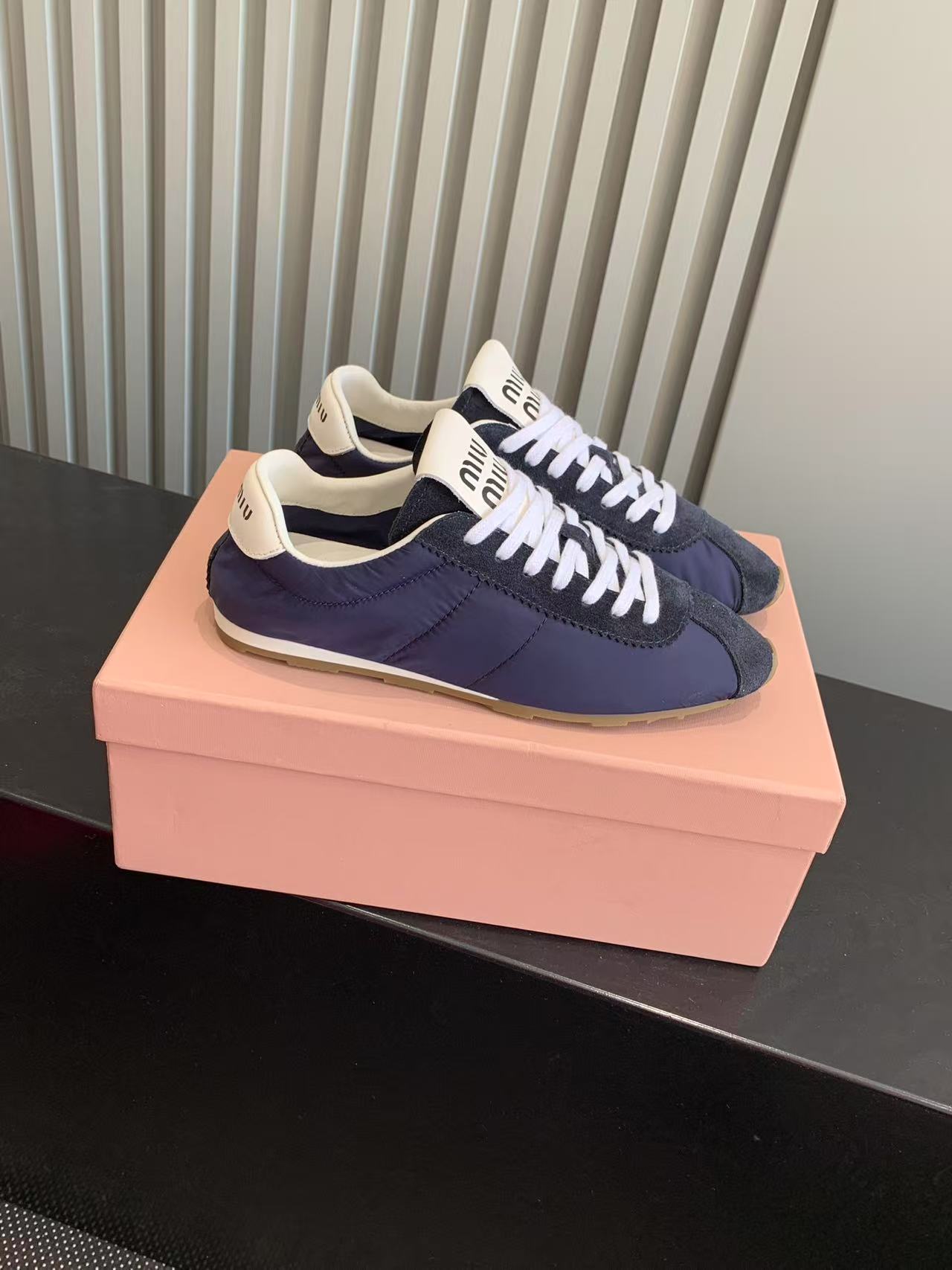Bagsaaa Miu Miu Plume technical fabric and suede sneakers navy