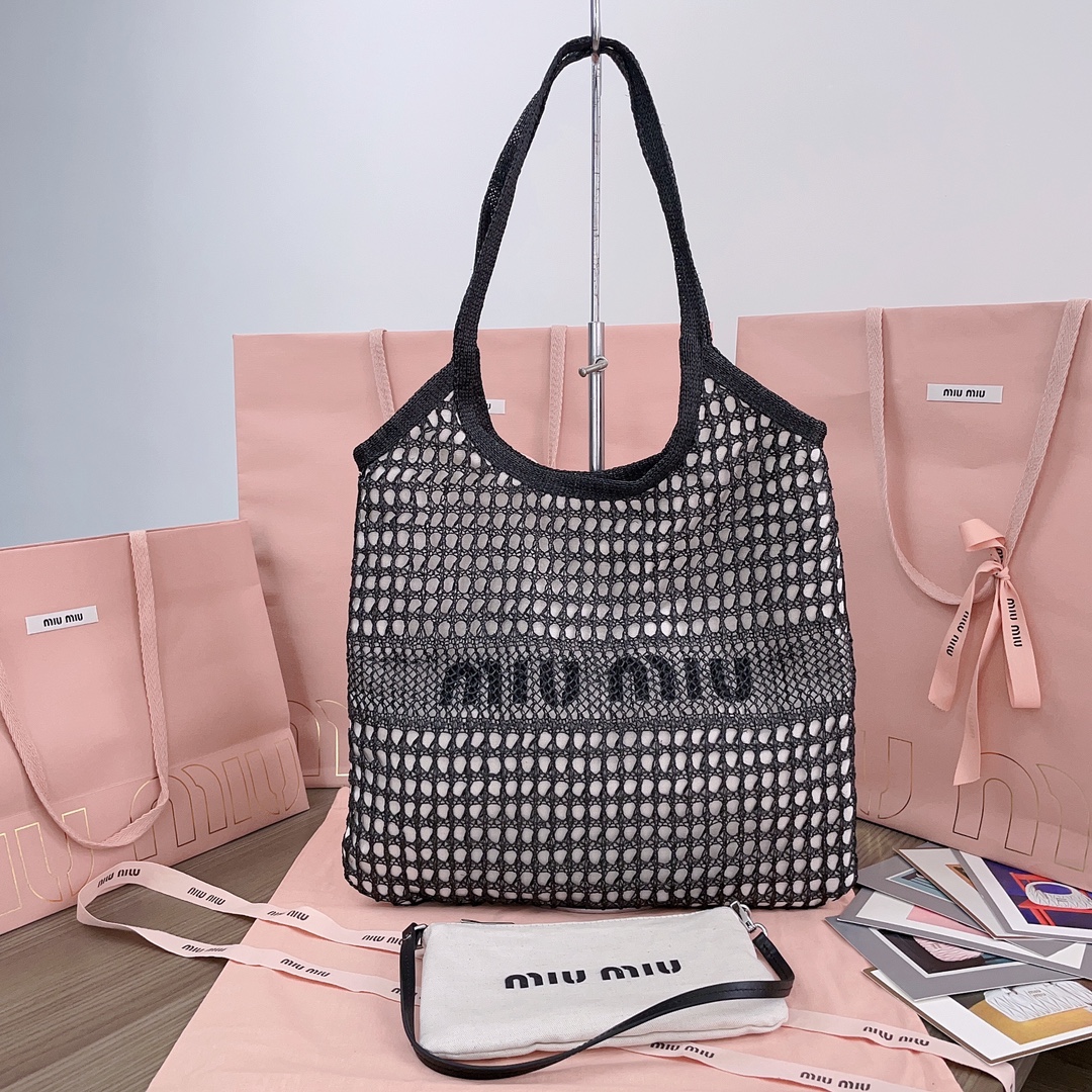 Bagsaaa Miu Miu IVY raffia-effect and linen bag 5BG231 Black - 40cm