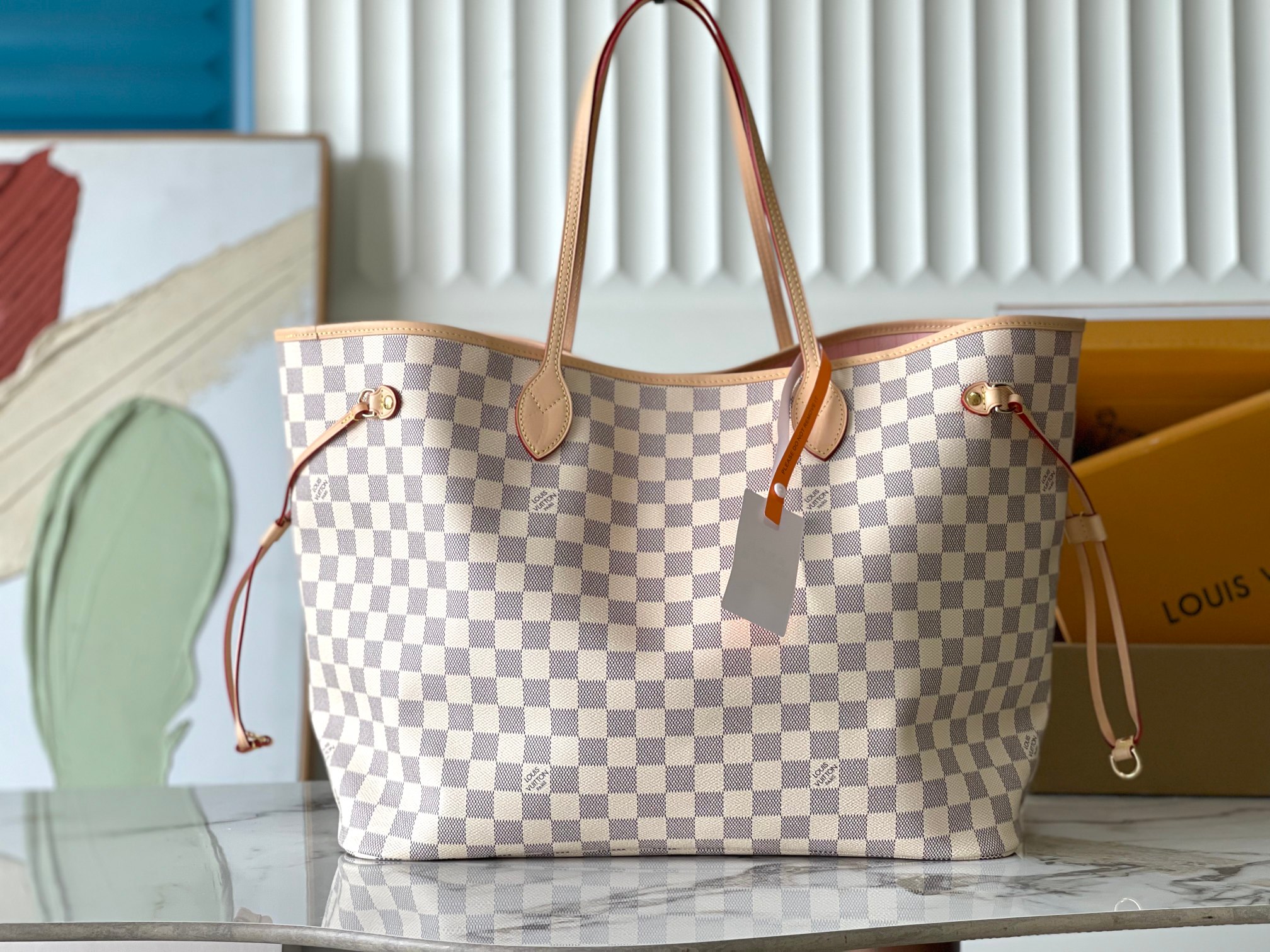 Bagsaaa LV N40601 Neverfull GM Tote Bag Damier Azur & Rose Pink - 39cm