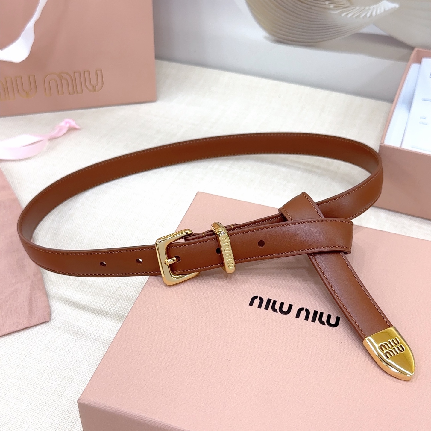 Bagsaaa Miu Miu Belt Brown & Gold - 2cm