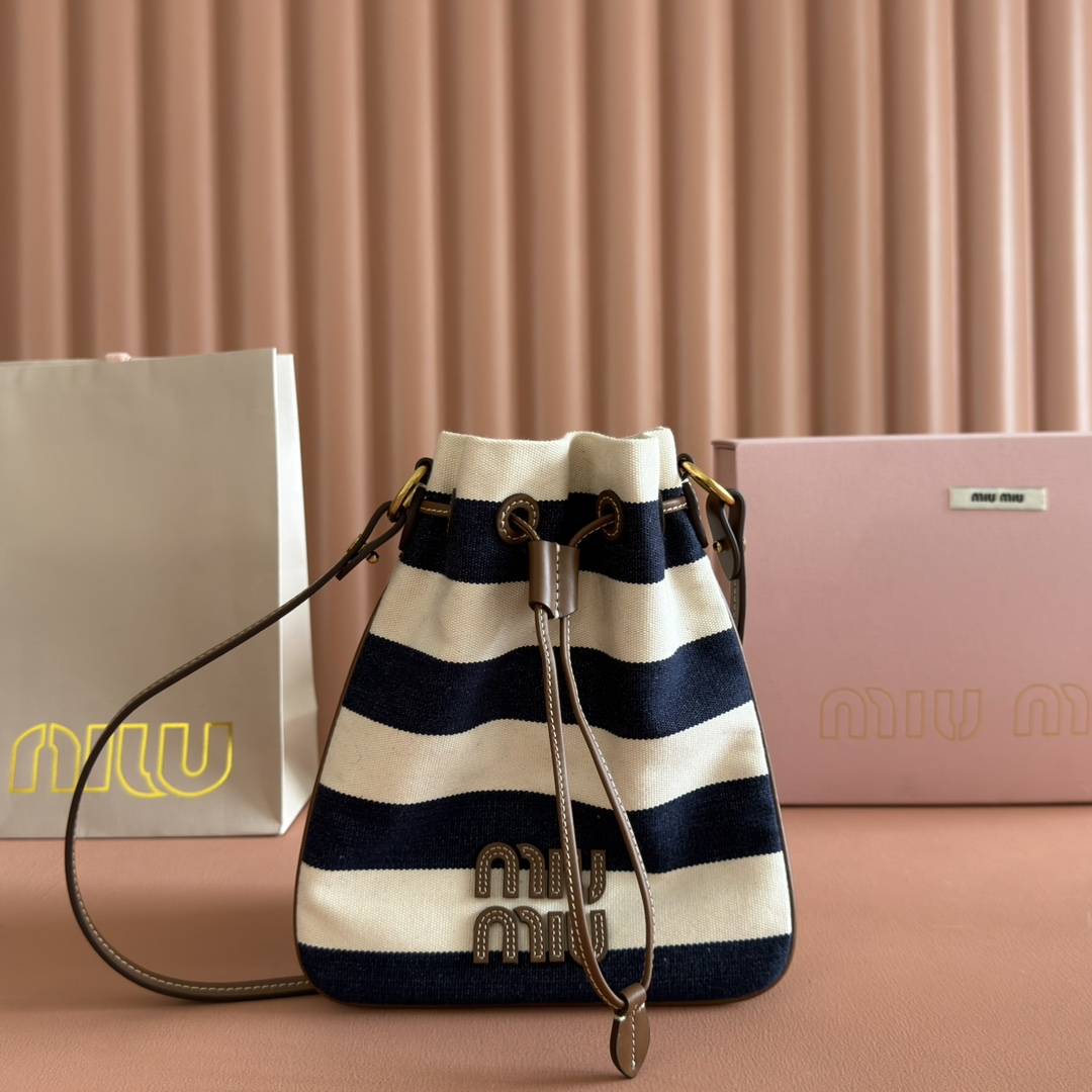 Bagsaaa Miu Miu Striped fabric drawstring pouch 5ND016 blue - 23cm