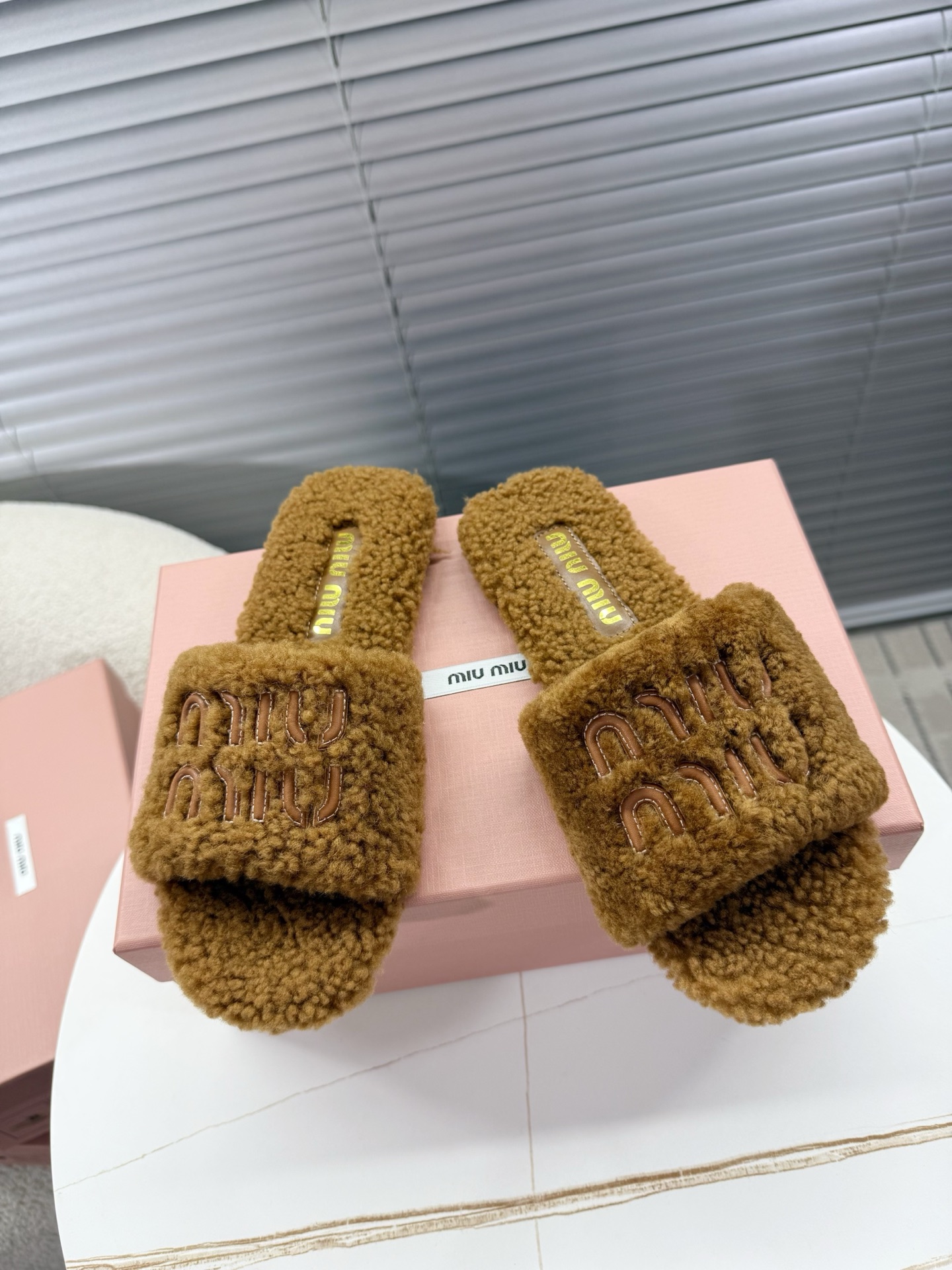 Bagsaaa Miu Miu Shearling slides brown