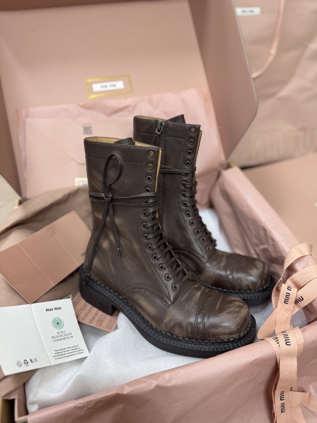 Bagsaaa Miu Miu Leather laced booties Cocoa Brown
