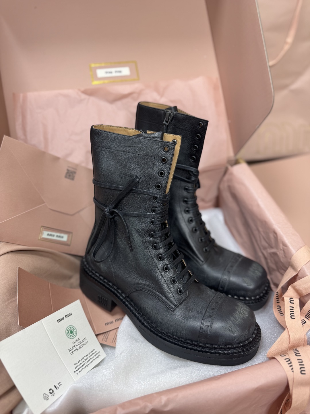 Bagsaaa Miu Miu Leather laced booties black