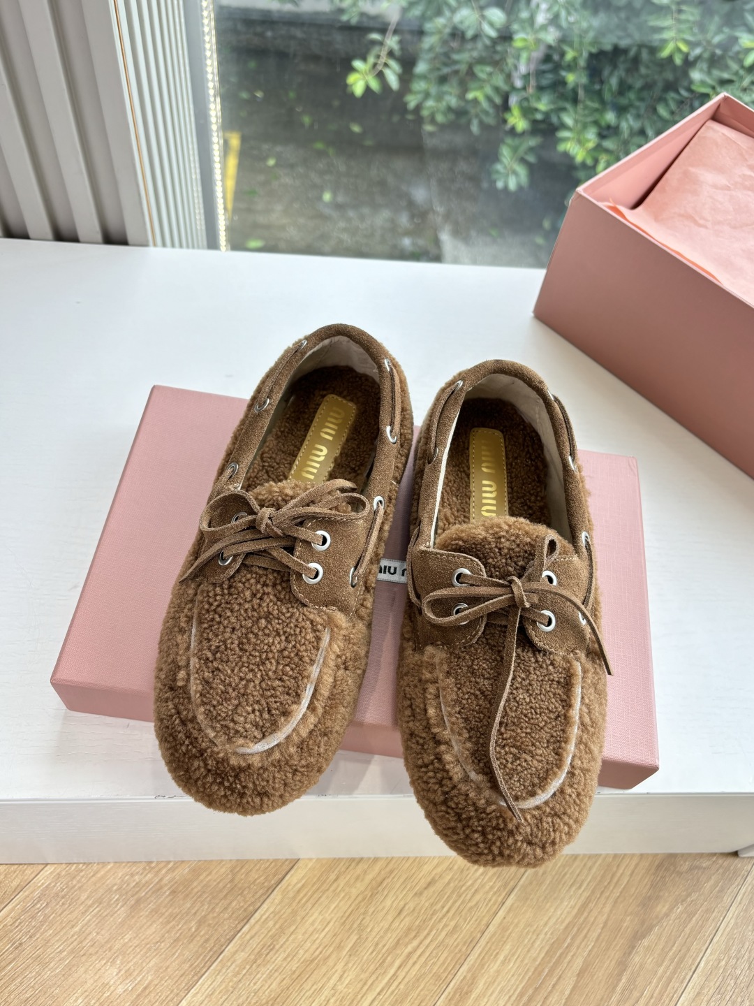 Bagsaaa Miu Miu shearling loafers brown