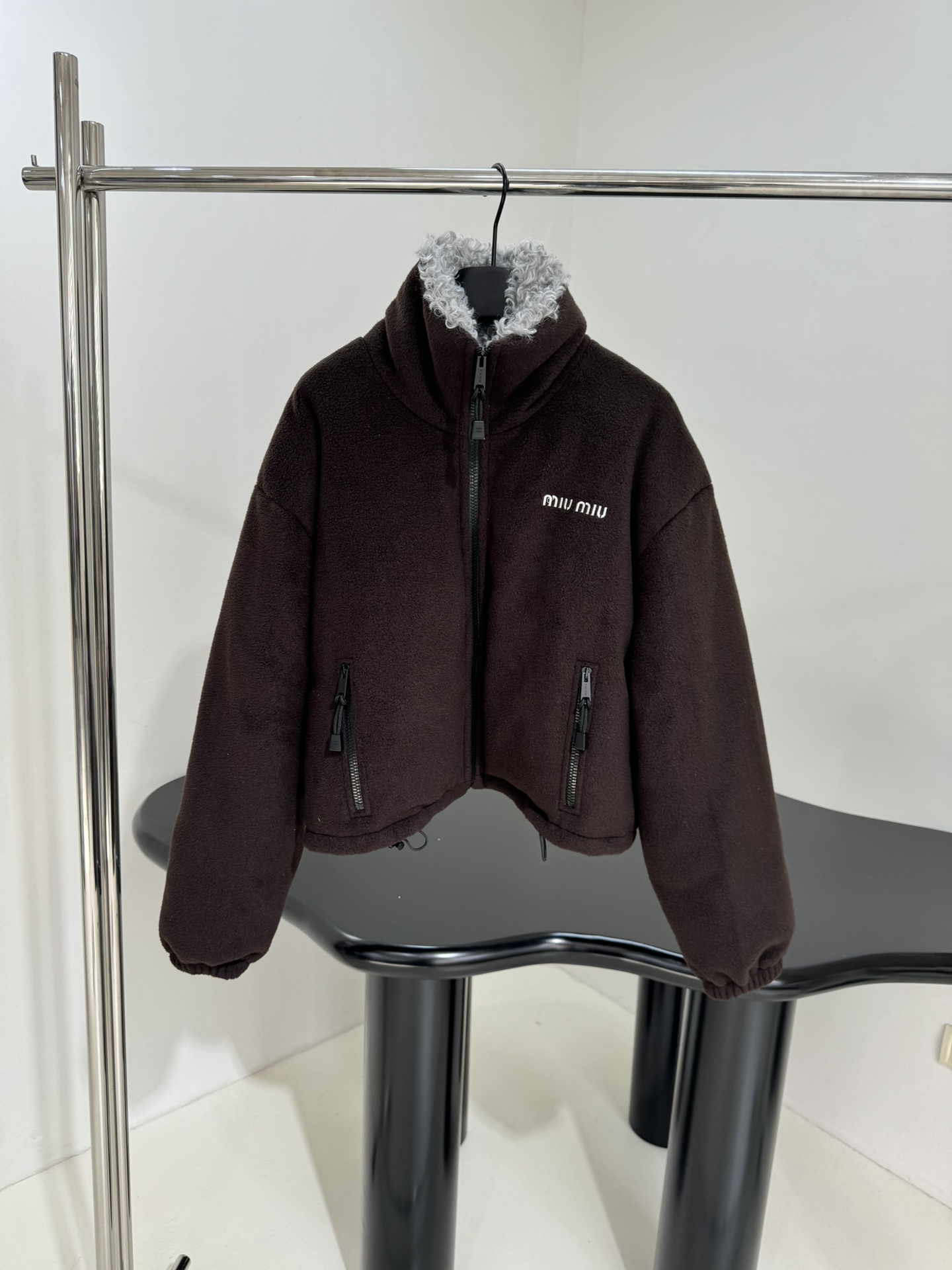 Bagsaaa Miu Miu fleece down jacket in ebony with a fur-lined collar dark brown
