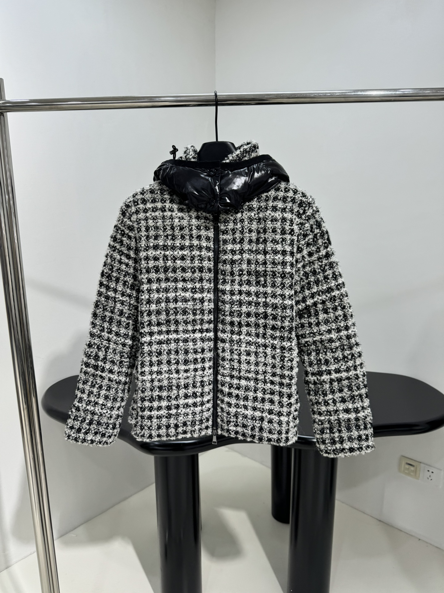 Moncler Andronne tweed hooded short down jacket in white and black