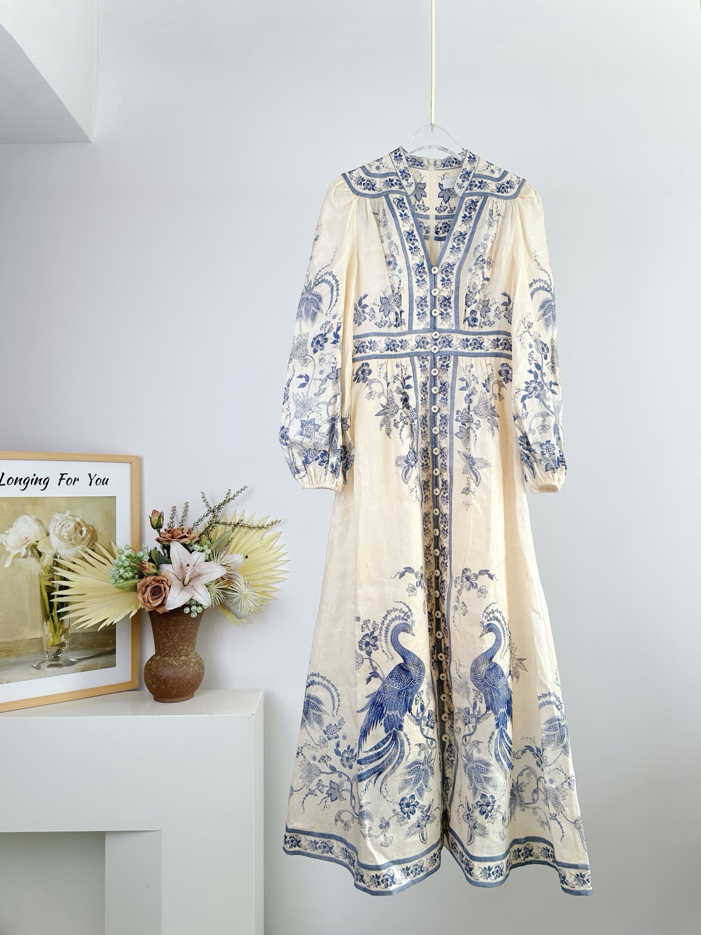 Bagsaaa Zimmermann Lucky Plunge Midi Dress in cream and blue floral linen