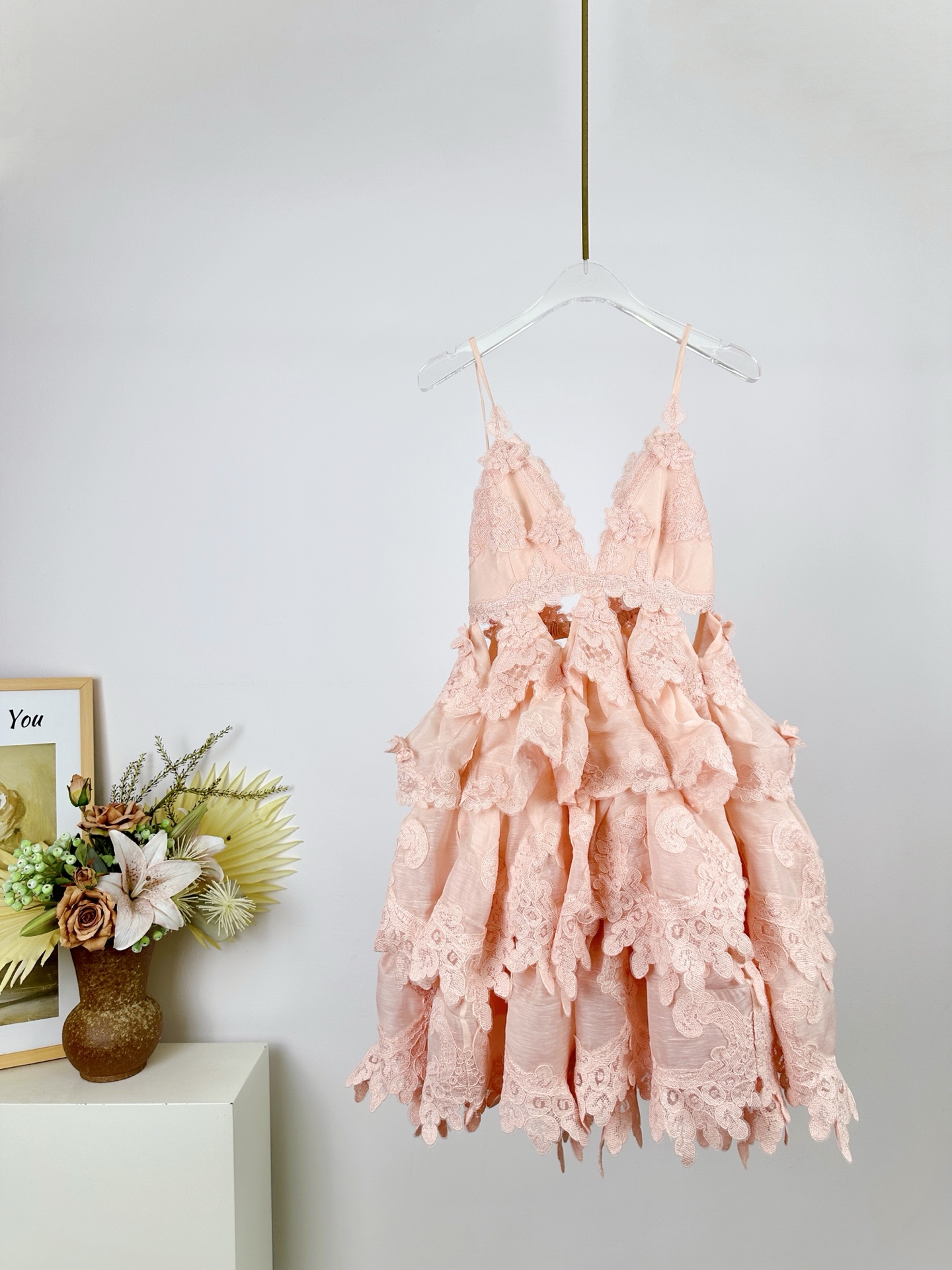 Bagsaaa Zimmermann Crush Lace-Trim Tiered Linen-Silk Blend Maxi Dress in Pale Pink